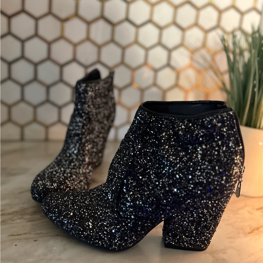 Black Glitter Chunky Heel Booties - Picture 10 of 10